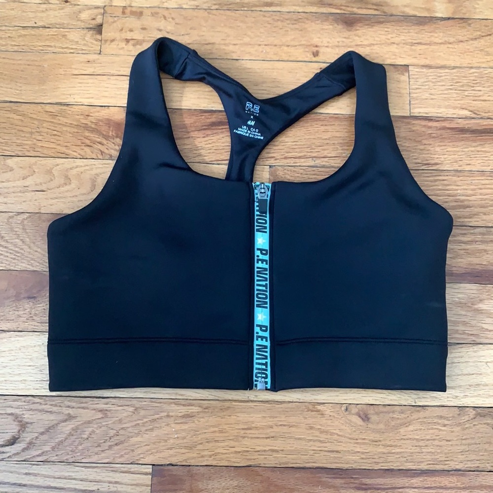P.E Nation Black Sports Bra with Blue Accents